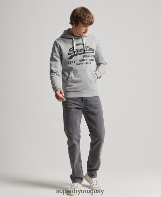 uy Superdry hombres sudadera con capucha clásica de la tienda del logo vintage gris DT2N8Z502 ropa