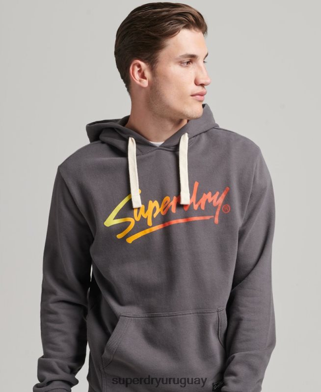 uy Superdry hombres sudadera con capucha sin cepillar con texto vintage en el centro gris oscuro DT2N8Z817 ropa