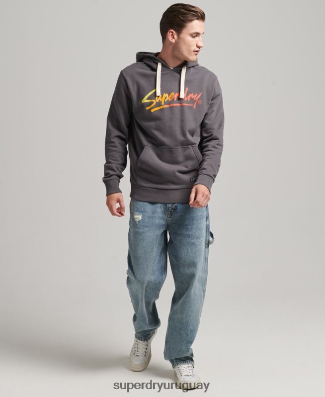 uy Superdry hombres sudadera con capucha sin cepillar con texto vintage en el centro gris oscuro DT2N8Z817 ropa