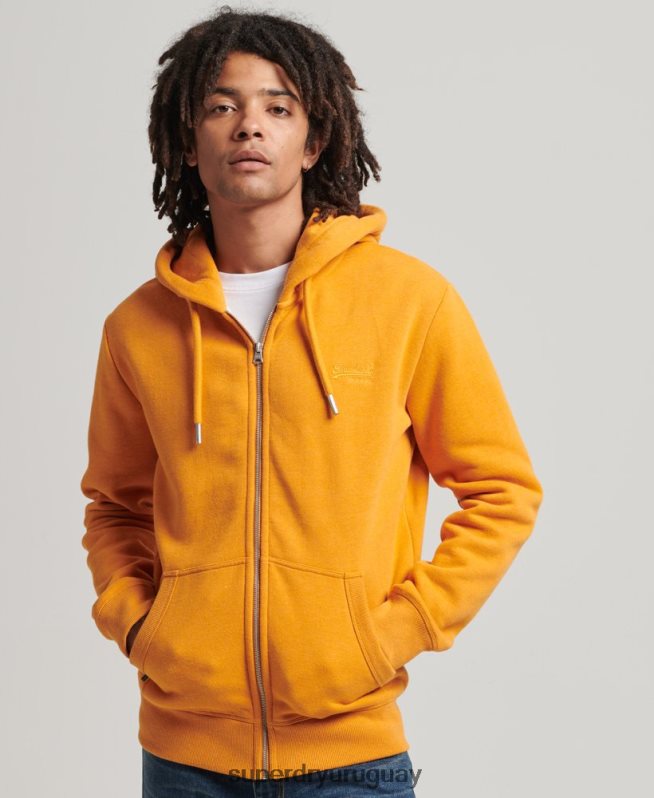 uy Superdry hombres sudadera con capucha y cremallera de algodón orgánico con logo vintage bordado amarillo DT2N8Z580 ropa