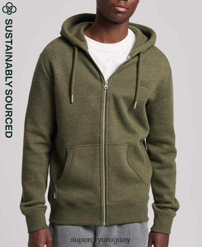 uy Superdry hombres sudadera con capucha y cremallera de algodón orgánico con logo vintage bordado caqui DT2N8Z545 ropa