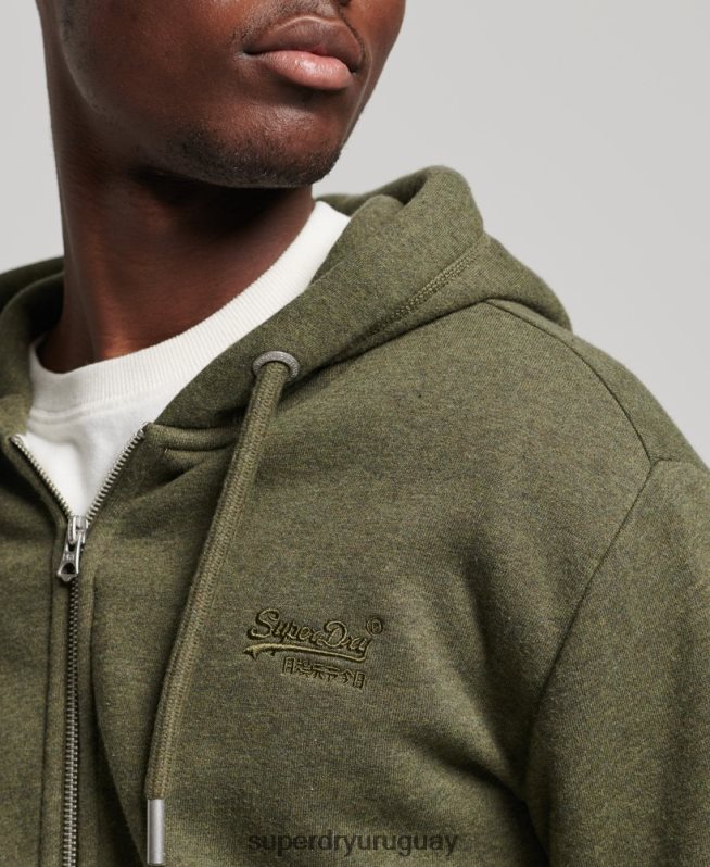 uy Superdry hombres sudadera con capucha y cremallera de algodón orgánico con logo vintage bordado caqui DT2N8Z545 ropa