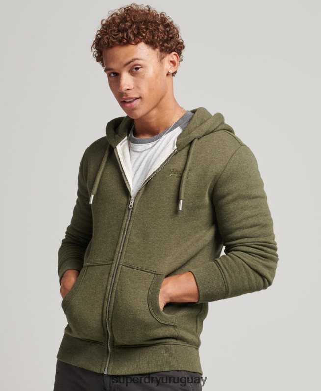 uy Superdry hombres sudadera con capucha y cremallera de algodón orgánico con logo vintage bordado caqui DT2N8Z559 ropa