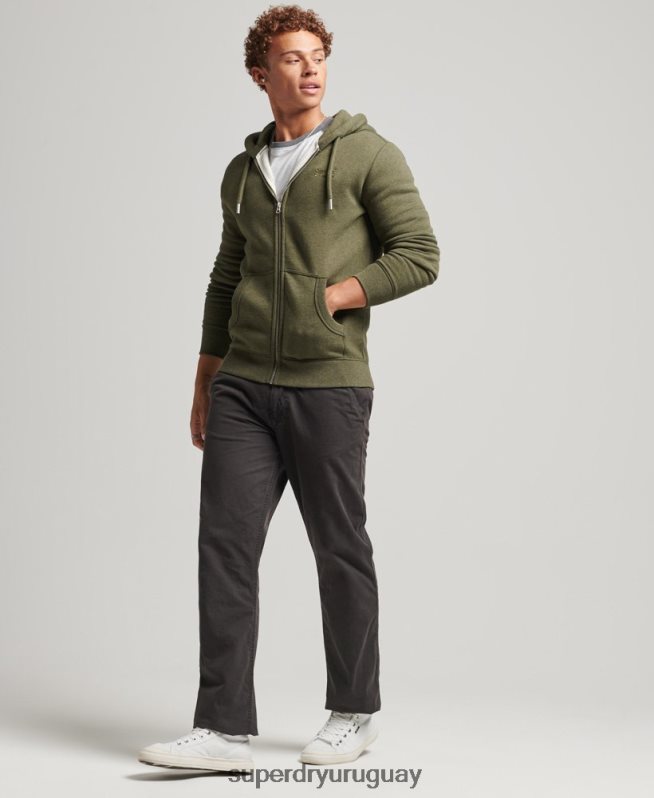 uy Superdry hombres sudadera con capucha y cremallera de algodón orgánico con logo vintage bordado caqui DT2N8Z559 ropa