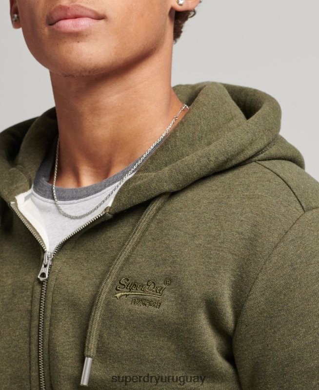uy Superdry hombres sudadera con capucha y cremallera de algodón orgánico con logo vintage bordado caqui DT2N8Z559 ropa