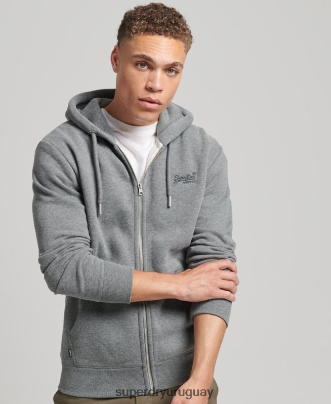uy Superdry hombres sudadera con capucha y cremallera de algodón orgánico con logo vintage bordado gris DT2N8Z577 ropa