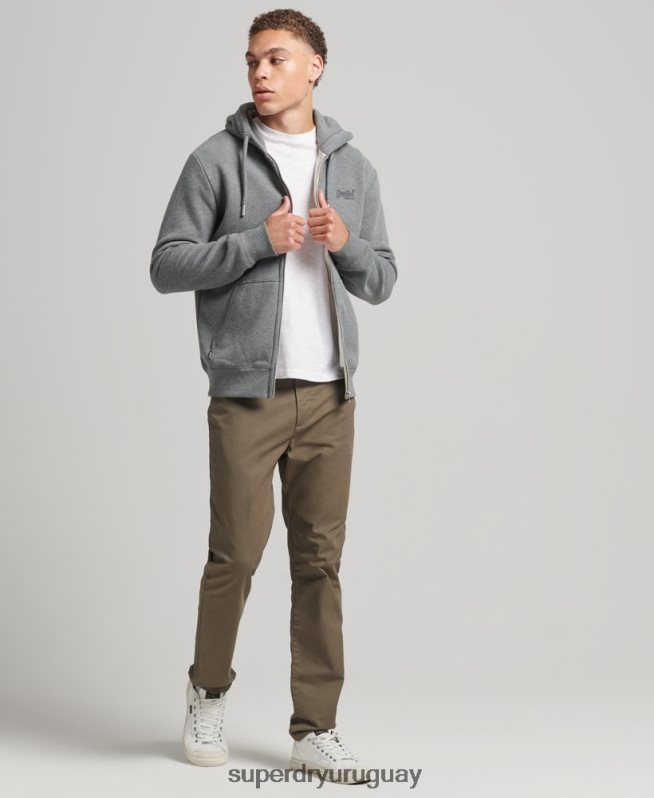 uy Superdry hombres sudadera con capucha y cremallera de algodón orgánico con logo vintage bordado gris DT2N8Z577 ropa
