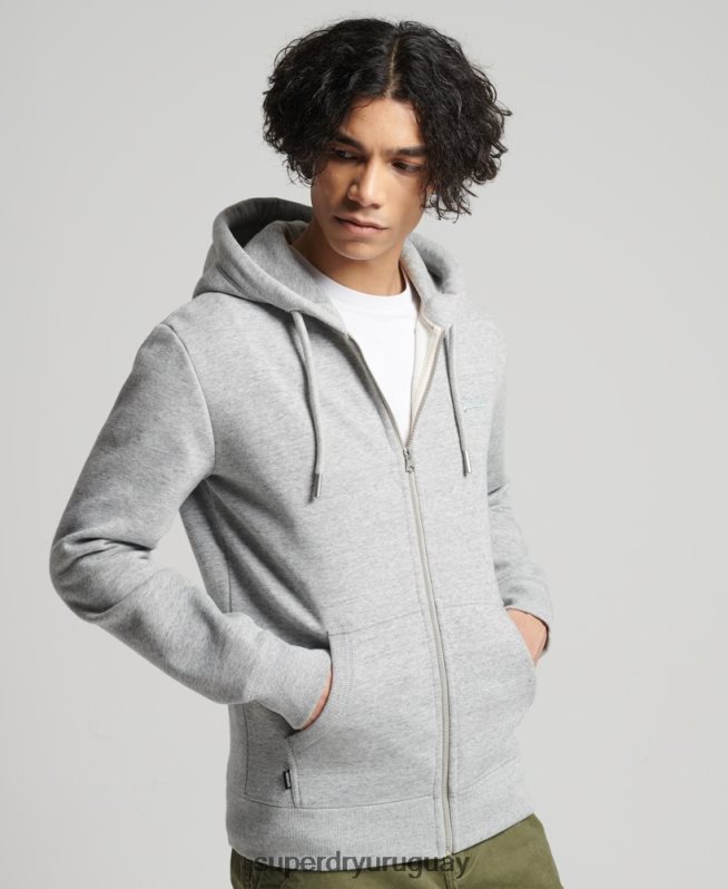 uy Superdry hombres sudadera con capucha y cremallera de algodón orgánico con logo vintage bordado gris DT2N8Z640 ropa