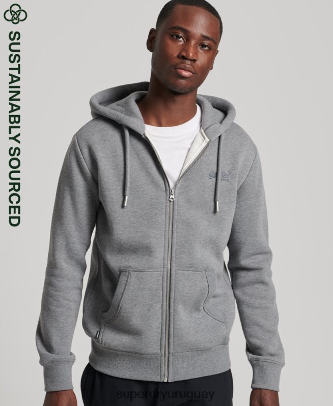 uy Superdry hombres sudadera con capucha y cremallera de algodón orgánico con logo vintage bordado gris DT2N8Z885 ropa