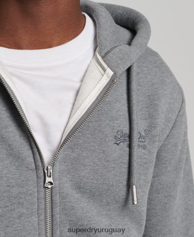 uy Superdry hombres sudadera con capucha y cremallera de algodón orgánico con logo vintage bordado gris DT2N8Z885 ropa