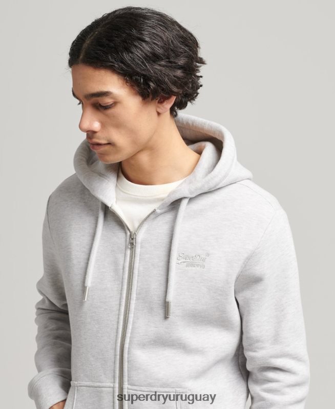 uy Superdry hombres sudadera con capucha y cremallera de algodón orgánico con logo vintage bordado gris claro DT2N8Z641 ropa