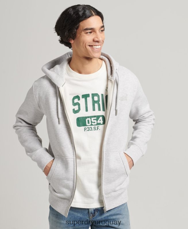 uy Superdry hombres sudadera con capucha y cremallera de algodón orgánico con logo vintage bordado gris claro DT2N8Z641 ropa