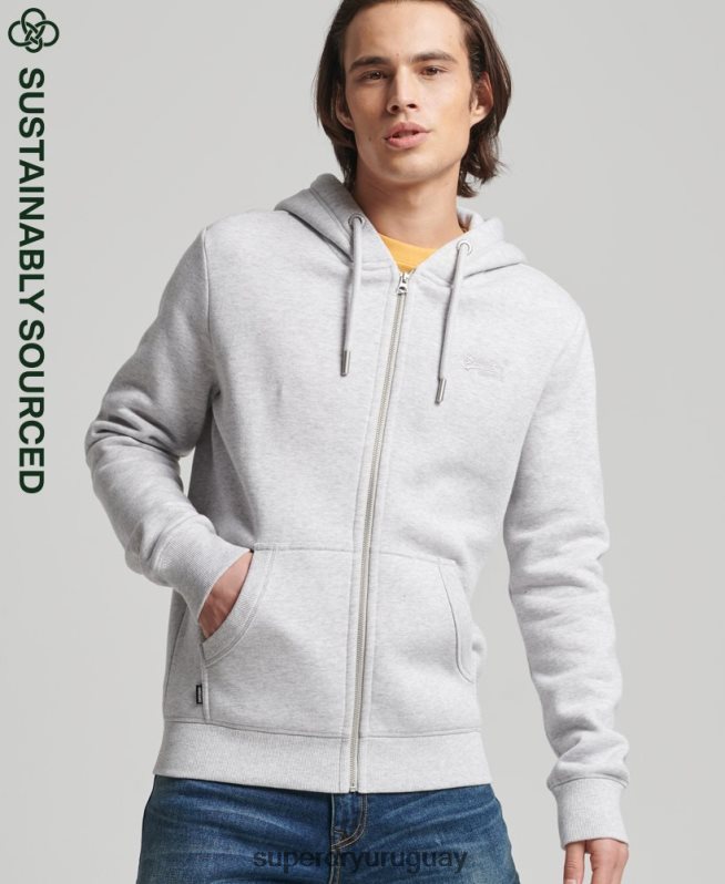 uy Superdry hombres sudadera con capucha y cremallera de algodón orgánico con logo vintage bordado gris claro DT2N8Z676 ropa