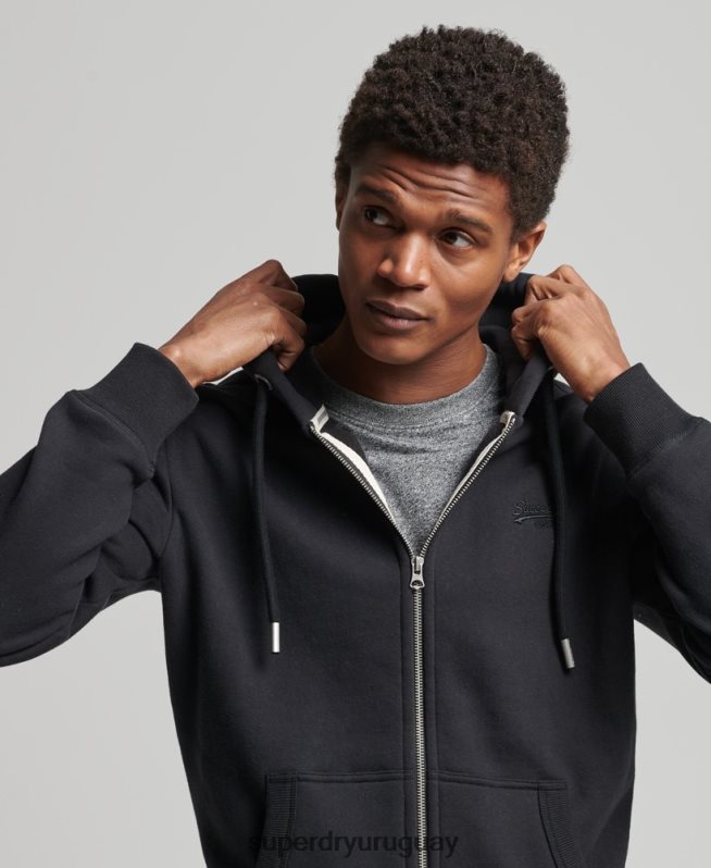 uy Superdry hombres sudadera con capucha y cremallera de algodón orgánico con logo vintage bordado negro DT2N8Z516 ropa
