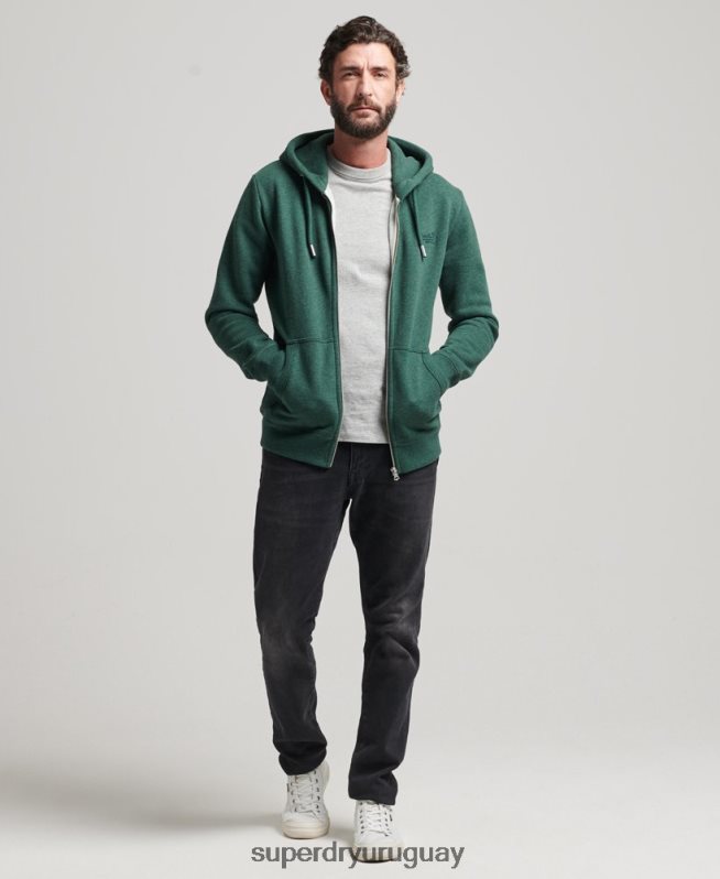 uy Superdry hombres sudadera con capucha y cremallera de algodón orgánico con logo vintage bordado verde DT2N8Z710 ropa