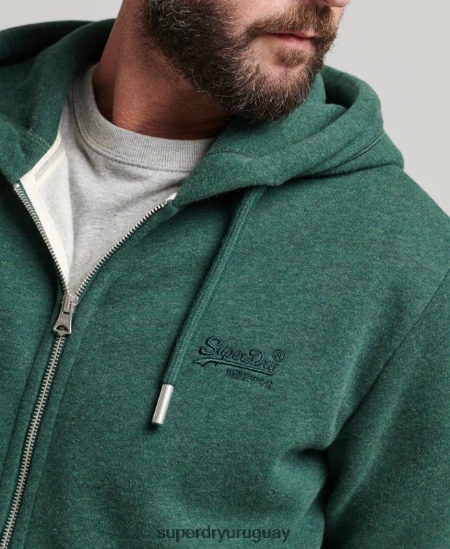 uy Superdry hombres sudadera con capucha y cremallera de algodón orgánico con logo vintage bordado verde DT2N8Z710 ropa