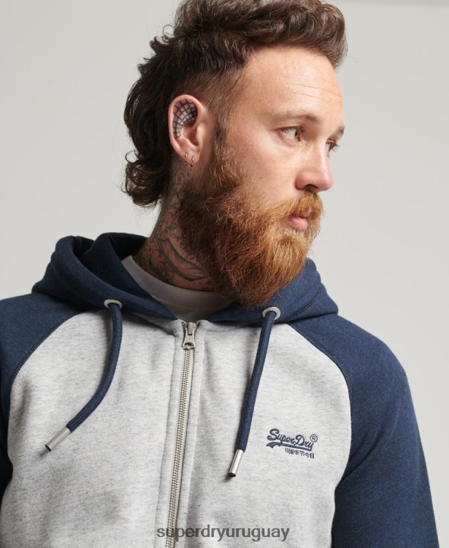 uy Superdry hombres sudadera con capucha y cremallera de béisbol con logo esencial de algodón orgánico gris DT2N8Z572 ropa