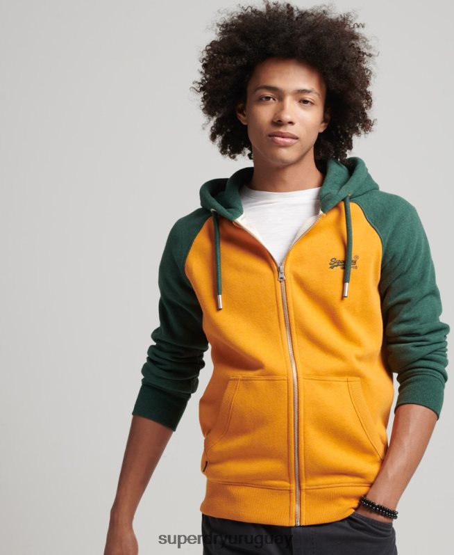 uy Superdry hombres sudadera con capucha y cremallera de béisbol con logo esencial de algodón orgánico oro DT2N8Z803 ropa
