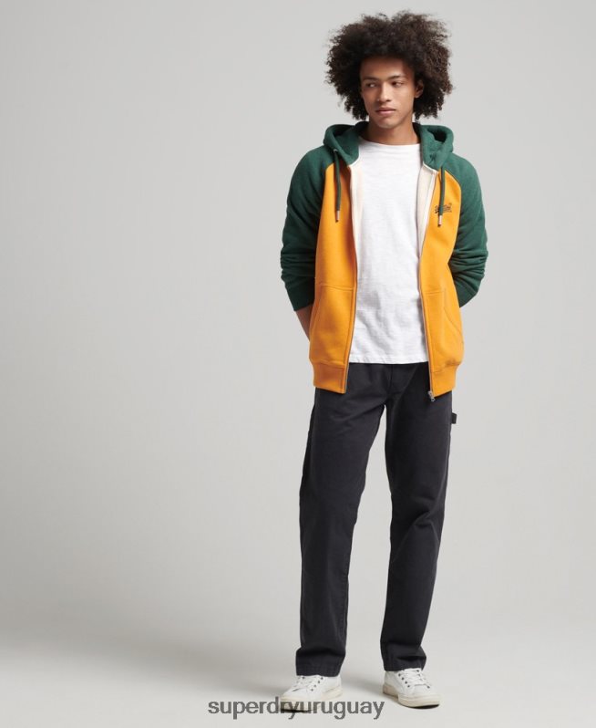 uy Superdry hombres sudadera con capucha y cremallera de béisbol con logo esencial de algodón orgánico oro DT2N8Z803 ropa