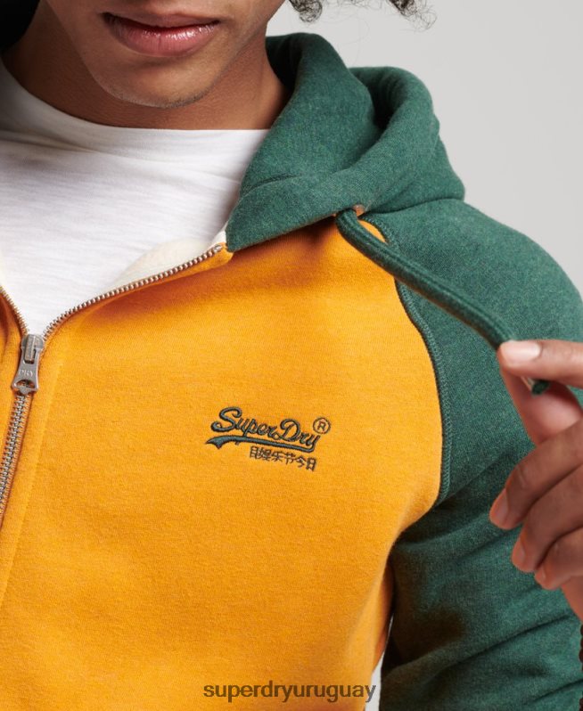 uy Superdry hombres sudadera con capucha y cremallera de béisbol con logo esencial de algodón orgánico oro DT2N8Z803 ropa