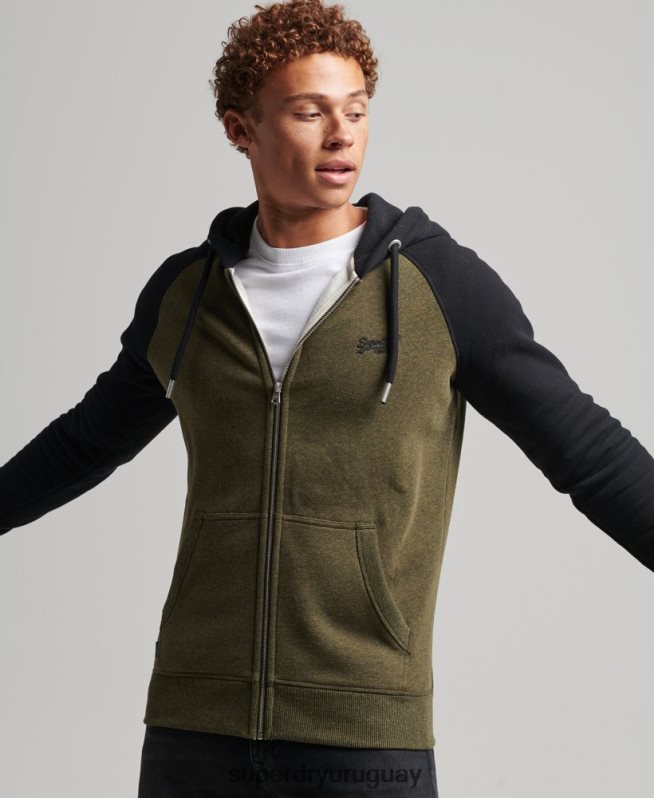uy Superdry hombres sudadera con capucha y cremallera de béisbol con logo esencial de algodón orgánico verde DT2N8Z520 ropa