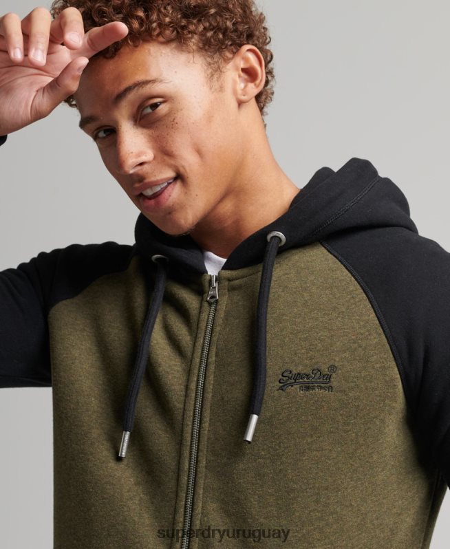 uy Superdry hombres sudadera con capucha y cremallera de béisbol con logo esencial de algodón orgánico verde DT2N8Z520 ropa