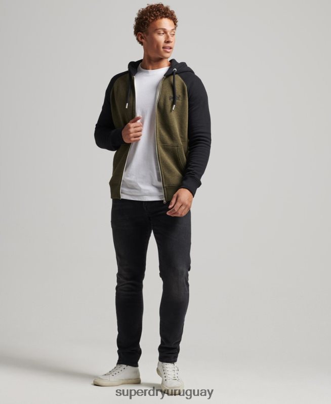 uy Superdry hombres sudadera con capucha y cremallera de béisbol con logo esencial de algodón orgánico verde DT2N8Z520 ropa