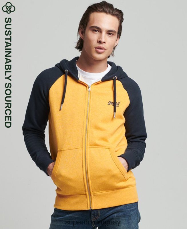 uy Superdry hombres sudadera con capucha y cremallera de béisbol con logo vintage de algodón orgánico amarillo DT2N8Z5174 ropa