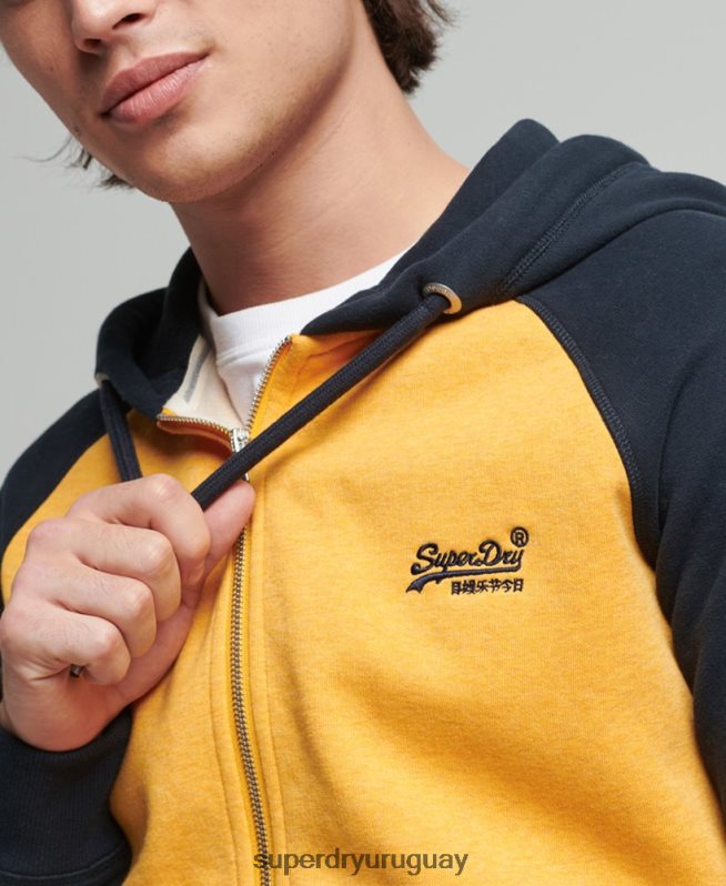 uy Superdry hombres sudadera con capucha y cremallera de béisbol con logo vintage de algodón orgánico amarillo DT2N8Z5174 ropa