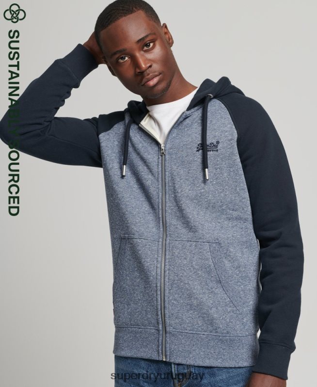 uy Superdry hombres sudadera con capucha y cremallera de béisbol con logo vintage de algodón orgánico azul DT2N8Z709 ropa