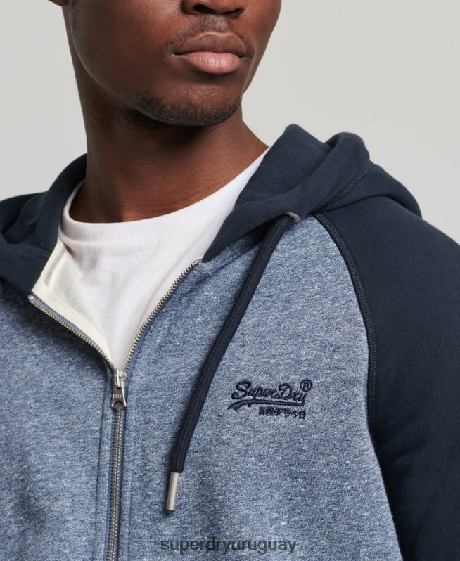 uy Superdry hombres sudadera con capucha y cremallera de béisbol con logo vintage de algodón orgánico azul DT2N8Z709 ropa