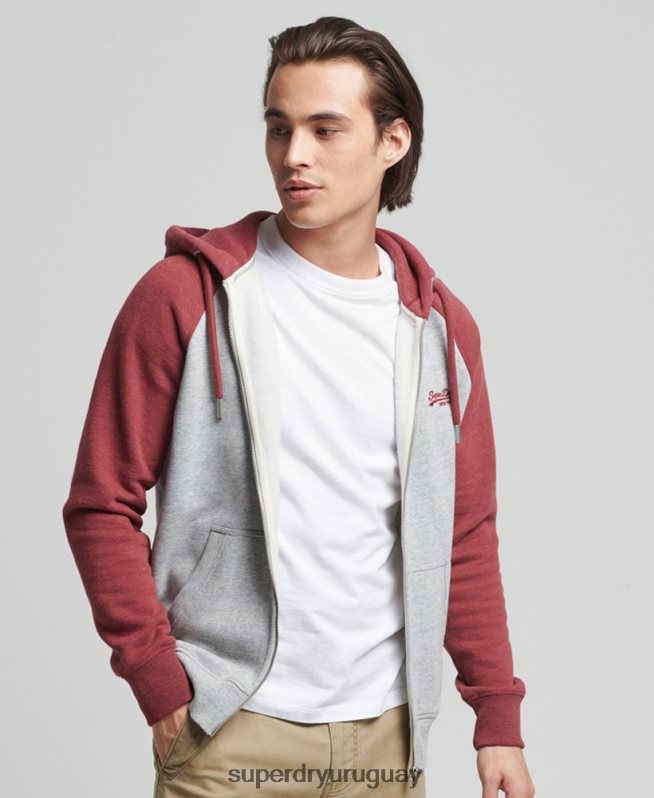 uy Superdry hombres sudadera con capucha y cremallera de béisbol con logo vintage de algodón orgánico gris claro DT2N8Z674 ropa