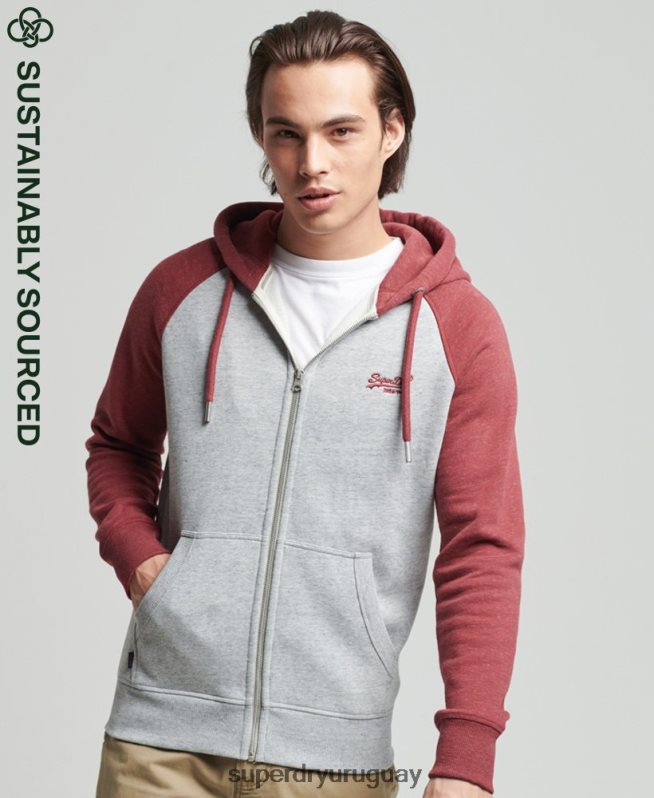 uy Superdry hombres sudadera con capucha y cremallera de béisbol con logo vintage de algodón orgánico gris claro DT2N8Z674 ropa