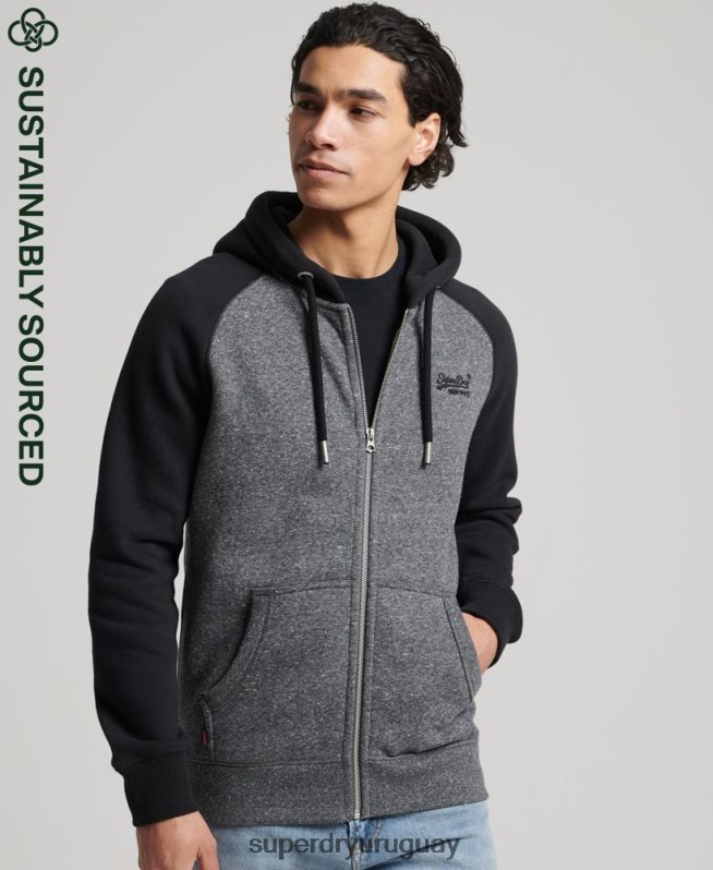 uy Superdry hombres sudadera con capucha y cremallera de béisbol con logo vintage de algodón orgánico gris oscuro DT2N8Z666 ropa