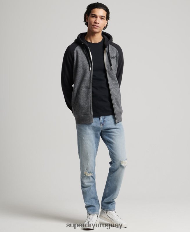 uy Superdry hombres sudadera con capucha y cremallera de béisbol con logo vintage de algodón orgánico gris oscuro DT2N8Z666 ropa