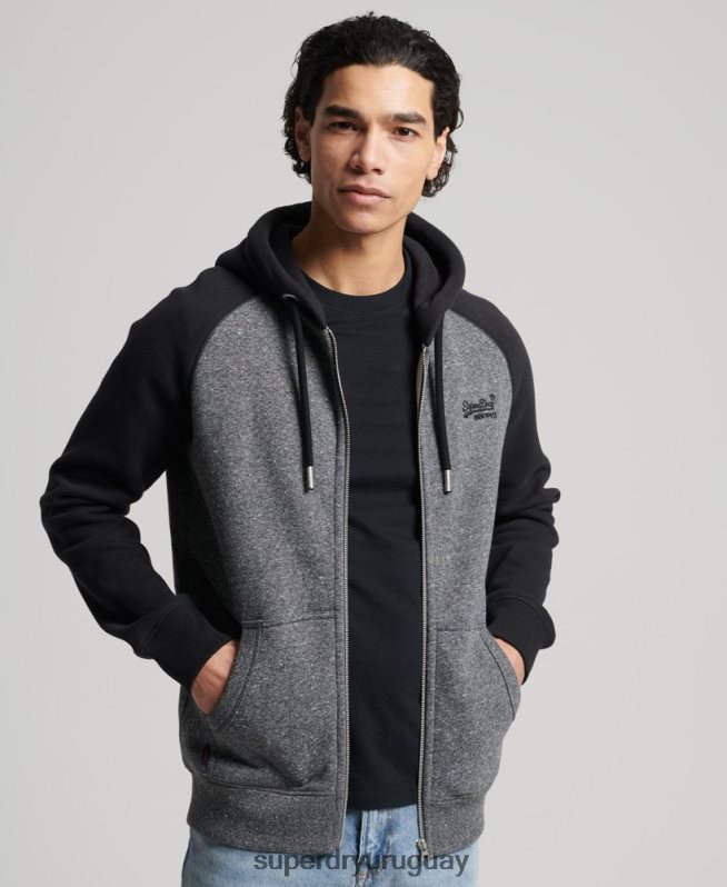 uy Superdry hombres sudadera con capucha y cremallera de béisbol con logo vintage de algodón orgánico gris oscuro DT2N8Z666 ropa
