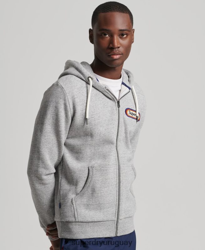 uy Superdry hombres sudadera con capucha y cremallera de temporada con logo vintage core gris DT2N8Z5163 ropa