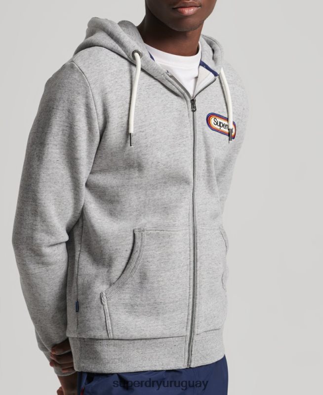uy Superdry hombres sudadera con capucha y cremallera de temporada con logo vintage core gris DT2N8Z5163 ropa