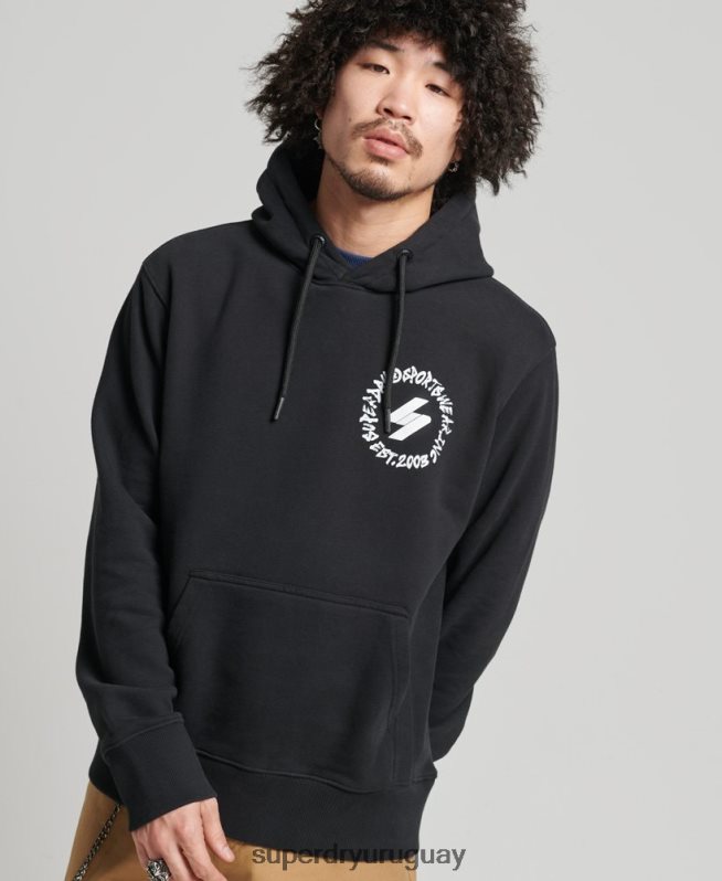 uy Superdry hombres sudadera con capucha y logo de globo terráqueo negro DT2N8Z5119 ropa