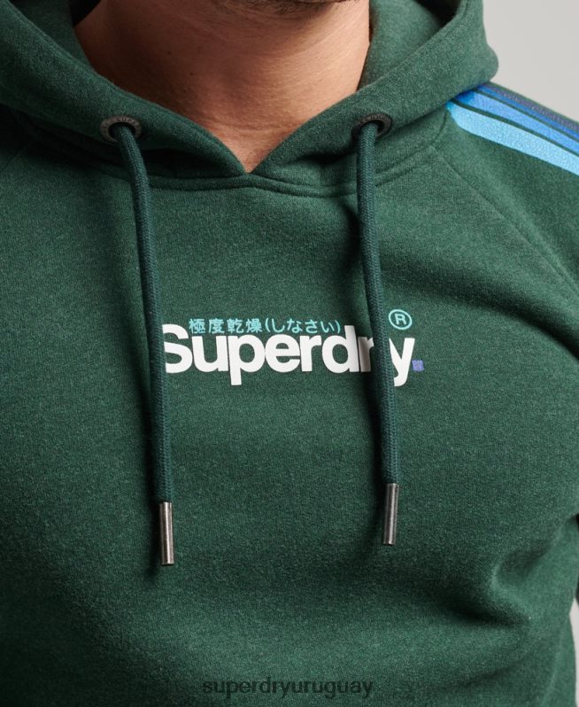 uy Superdry hombres sudadera con capucha y logo de raya en la manga cali verde DT2N8Z879 ropa