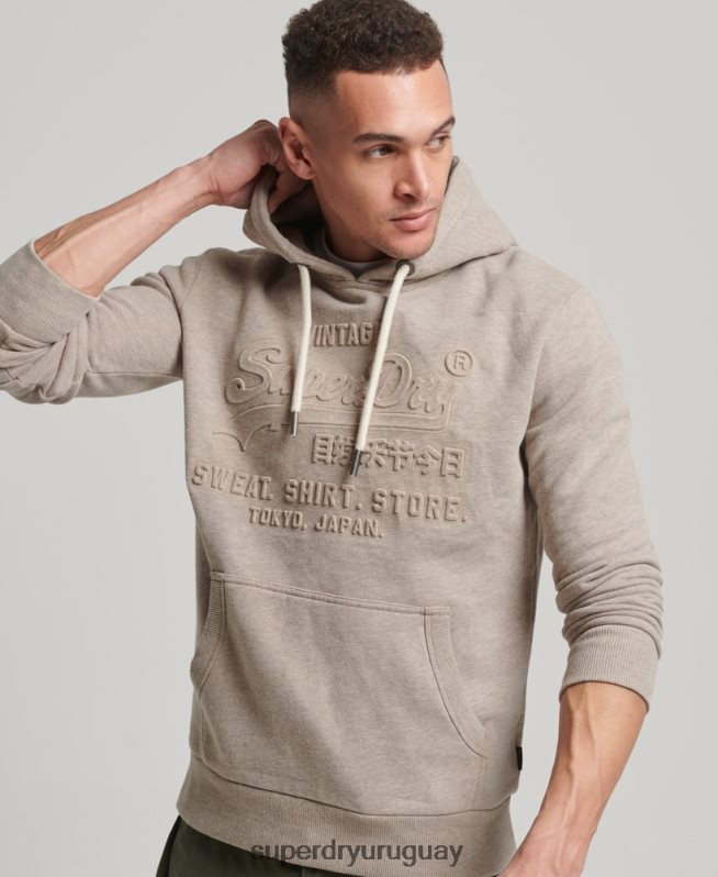 uy Superdry hombres sudadera con capucha y logo vintage en relieve crema DT2N8Z737 ropa