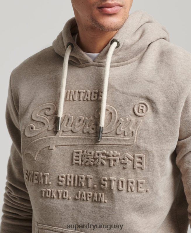 uy Superdry hombres sudadera con capucha y logo vintage en relieve crema DT2N8Z737 ropa