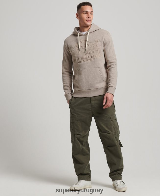 uy Superdry hombres sudadera con capucha y logo vintage en relieve crema DT2N8Z737 ropa