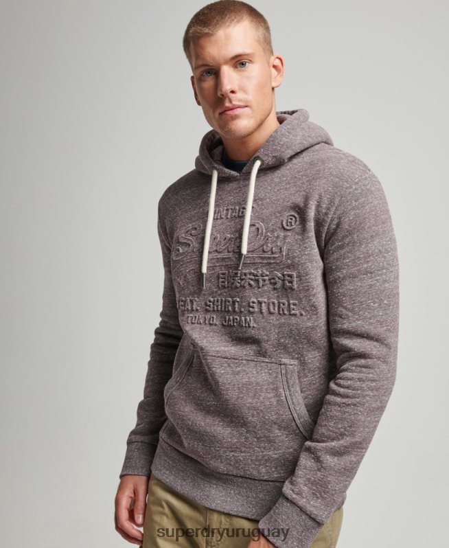 uy Superdry hombres sudadera con capucha y logo vintage en relieve marrón DT2N8Z573 ropa