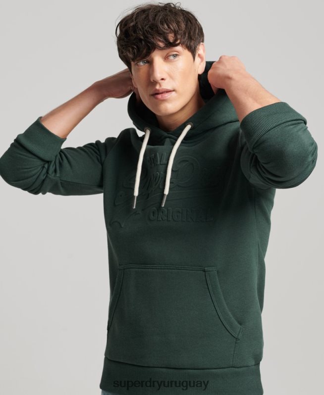 uy Superdry hombres sudadera con capucha y logo vintage en relieve verde DT2N8Z546 ropa