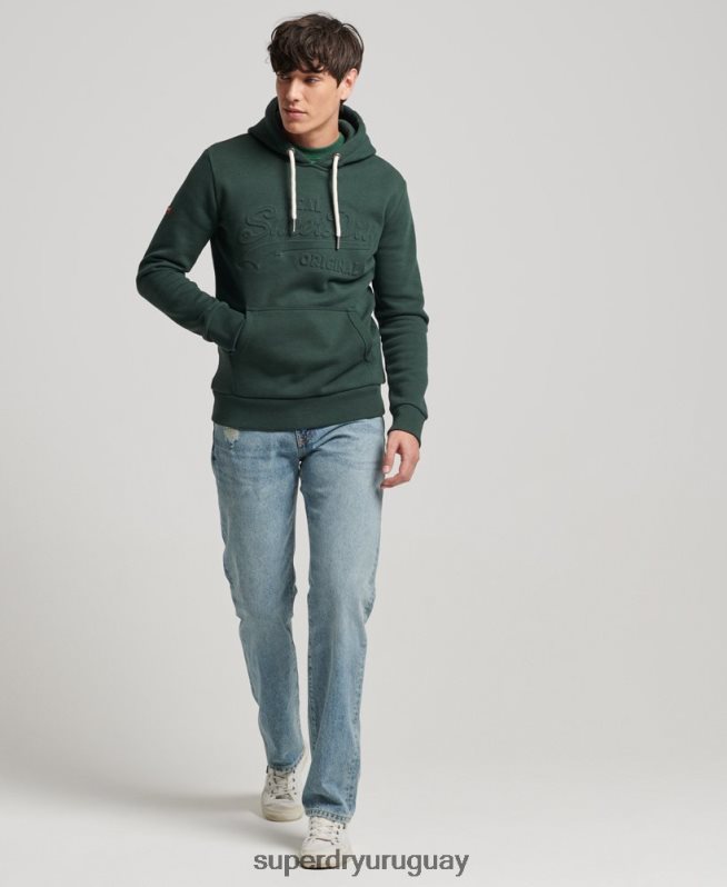 uy Superdry hombres sudadera con capucha y logo vintage en relieve verde DT2N8Z546 ropa