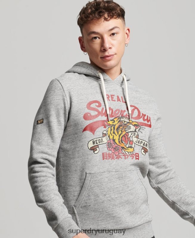 uy Superdry hombres sudadera con capucha y logo vintage gris DT2N8Z515 ropa
