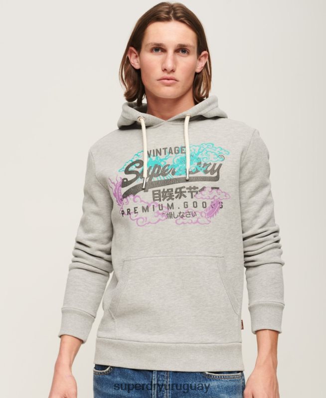 uy Superdry hombres sudadera con capucha y logo vintage gris DT2N8Z855 ropa