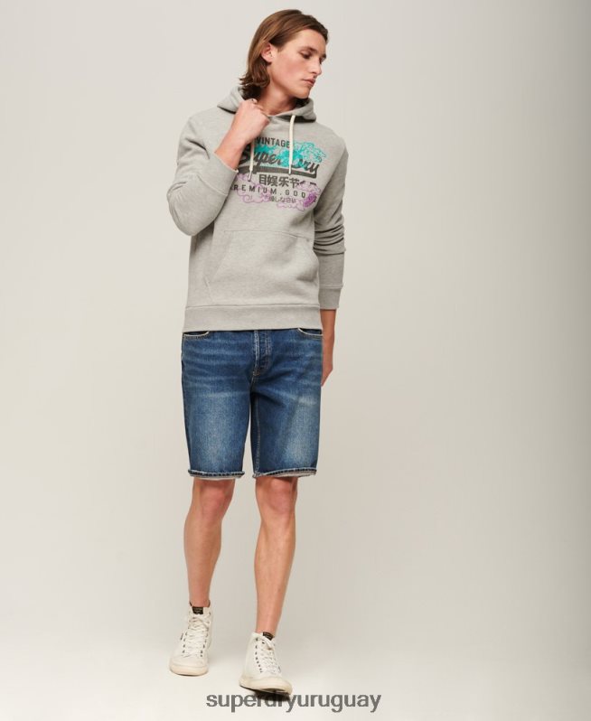 uy Superdry hombres sudadera con capucha y logo vintage gris DT2N8Z855 ropa
