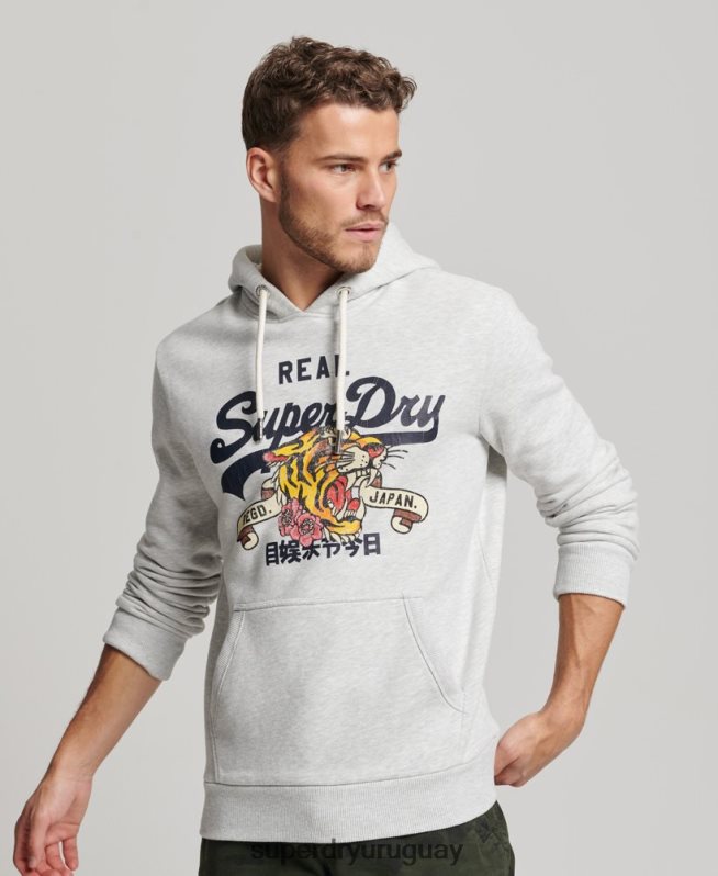 uy Superdry hombres sudadera con capucha y logo vintage gris claro DT2N8Z615 ropa